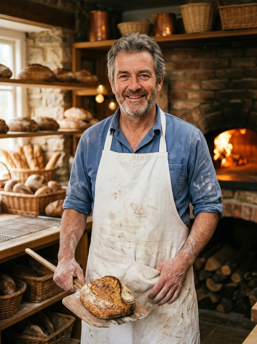 Artisan baker smiling proudly in a traditional bakery, wearing a white apron