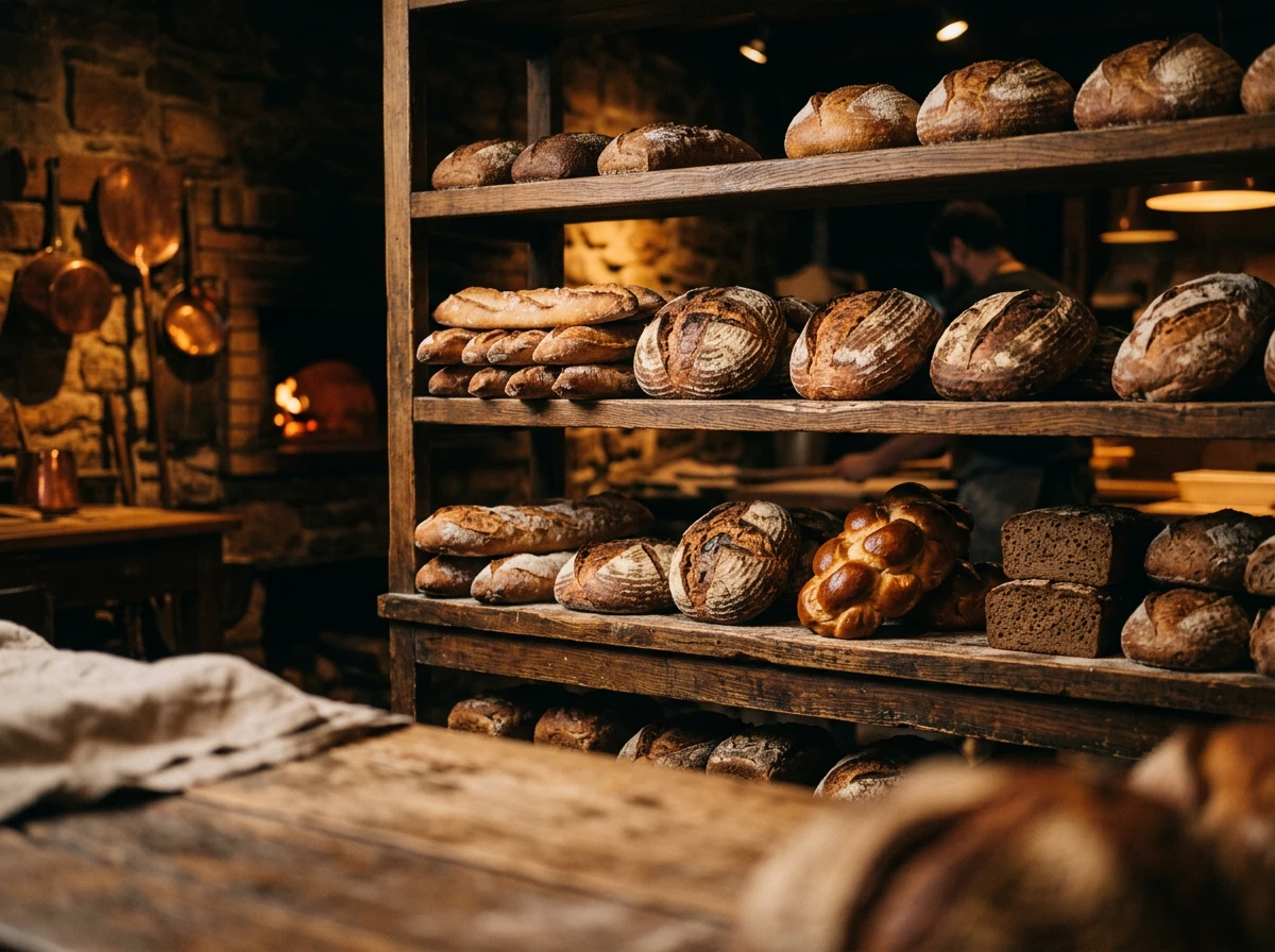 Présentoir de pains artisanaux dans une boulangerie de village