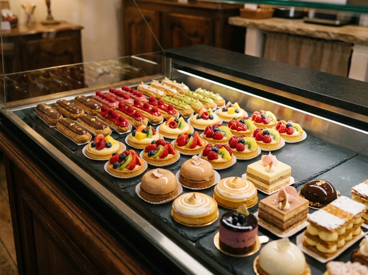 Vitrine de pâtisseries colorées en boulangerie