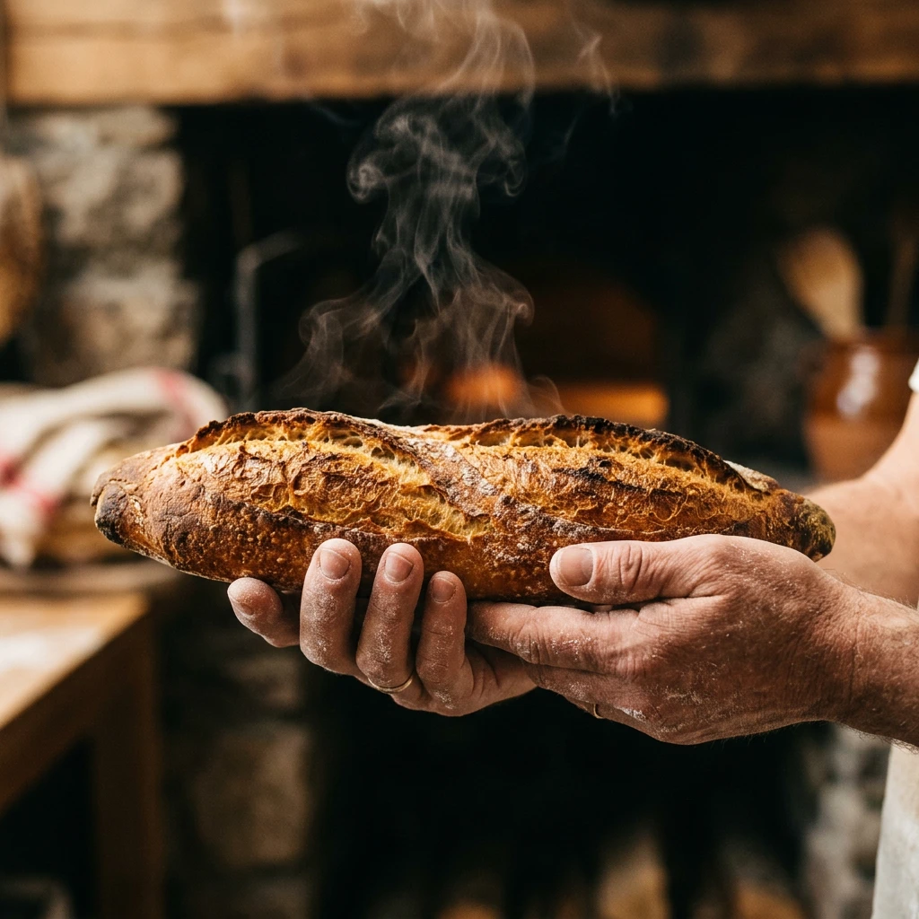 Mains tenant une baguette dorée encore chaude