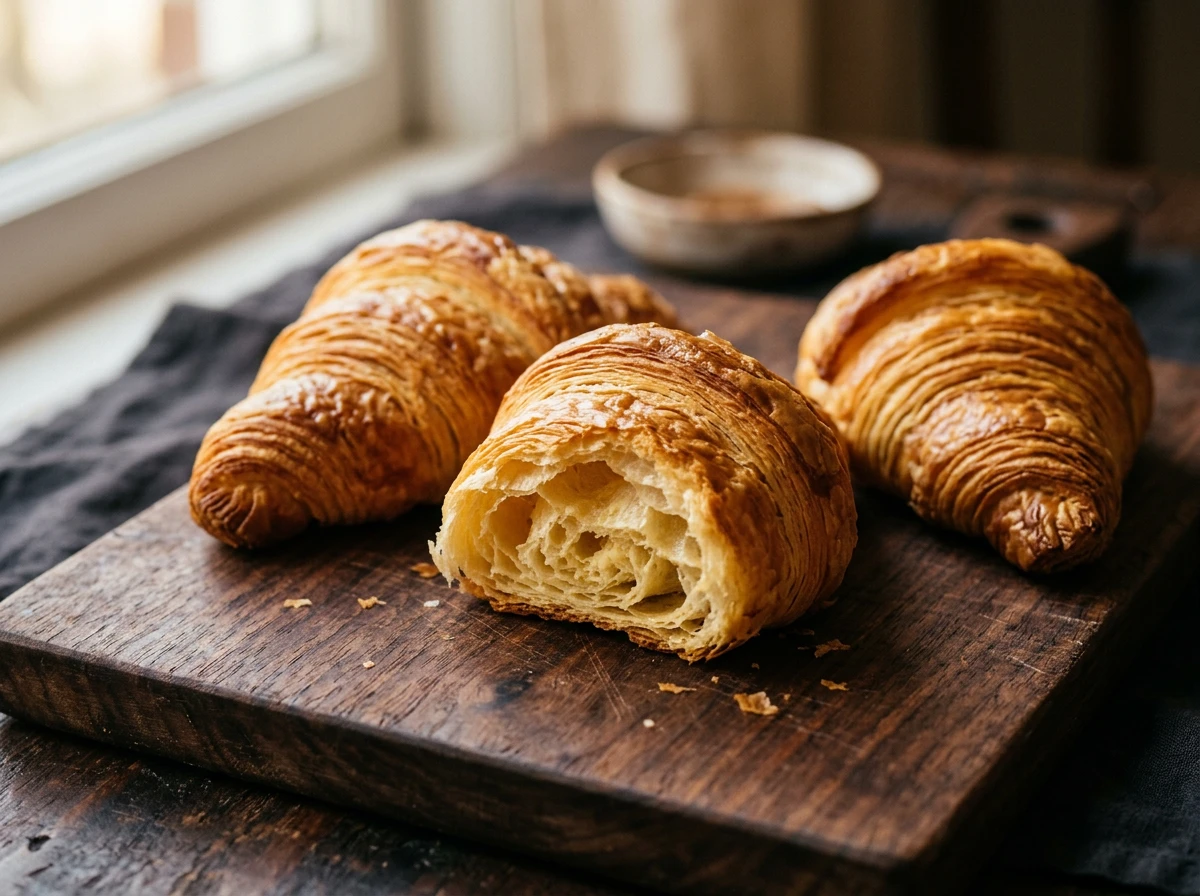 Croissants dorés et feuilletés au beurre sur une planche en bois