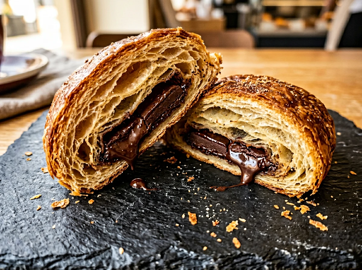 Pain au chocolat coupé révélant le chocolat noir à l'intérieur