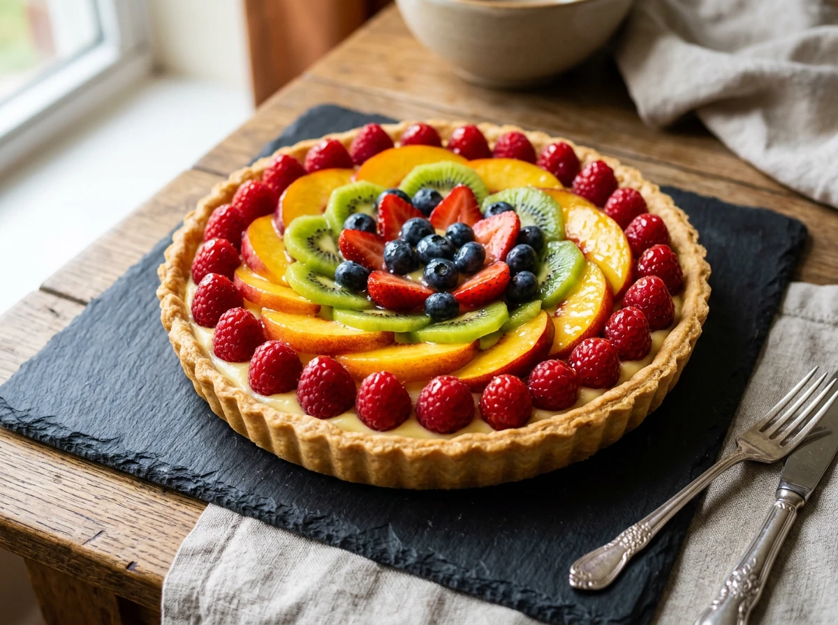 Tarte aux fruits de saison avec glaçage brillant et fruits frais